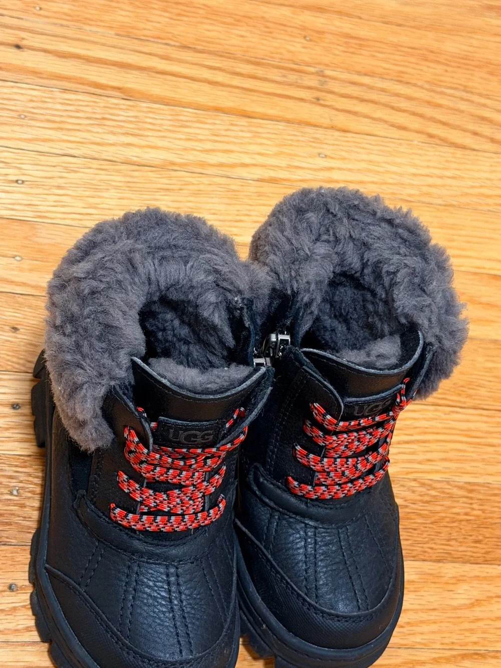 UGG Black Boots with Gray Shearling and Red Laces